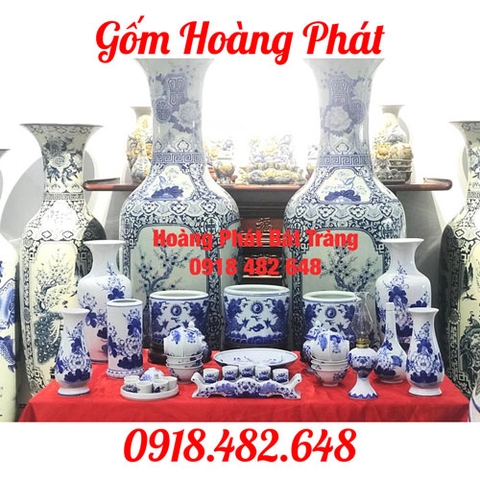 Bộ đồ thờ sứ Bát Tràng men lam cho ban thờ gia tiên SP4815