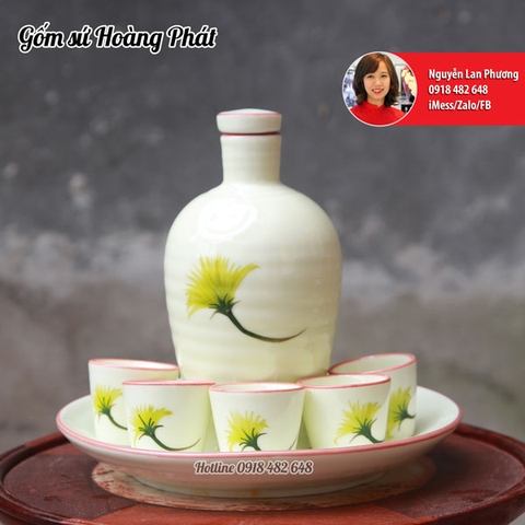 Bộ nậm rượu men kem hoa bồ công anh 6 chén NAM39