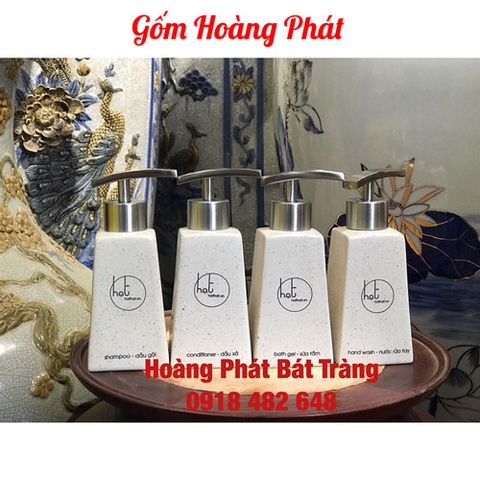 Bình xịt nhà tắm, chai đựng dầu gội, sữa tắm men gốm tàn vòi inox304 in logo dáng hình thang SP4837