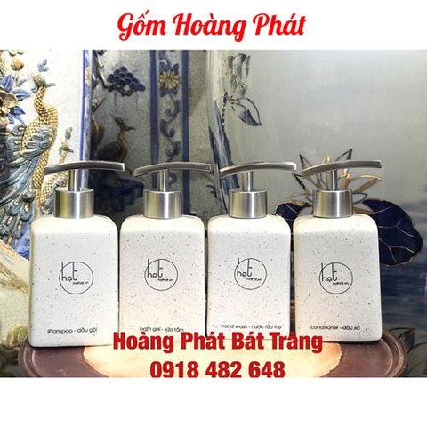 Bình xịt nhà tắm, chai đựng dầu gội, sữa tắm men gốm tàn vòi inox304 in logo dáng hình vuông SP4836