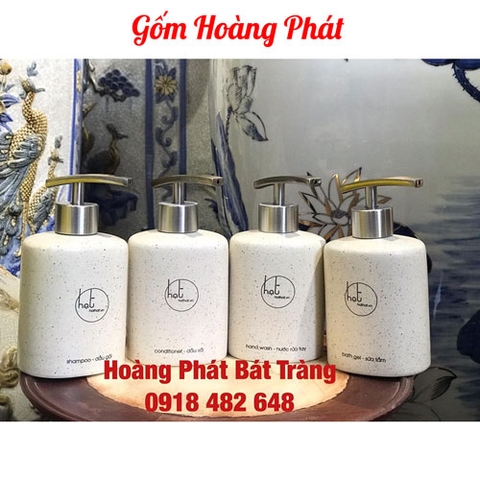 Bình xịt nhà tắm, chai đựng dầu gội, sữa tắm men gốm tàn vòi inox304 in logo dáng Oval SP4838