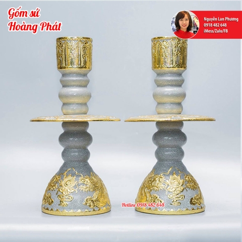 bộ đồ thờ thất sự gốm Bát Tràng cho ban thờ 1m27 - Đôi chân nến dát vàng 24k