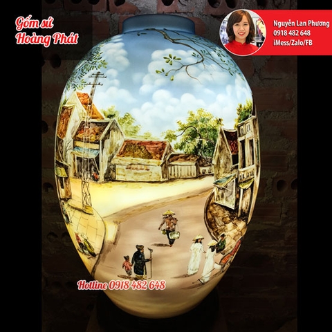 Đèn sứ thấu quang dáng chum vẽ phố cổ SP4640