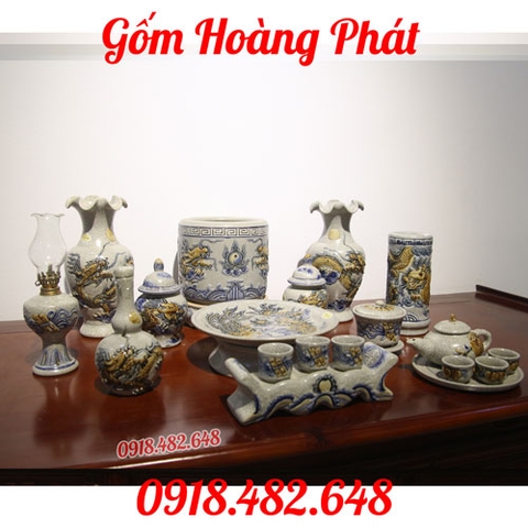 Bộ đồ thờ cúng Phật men rạn đắp nổi gốm Bát Tràng