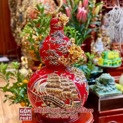 Hồ lô tích lộc Thuận buồm xuôi gió màu đỏ đắp nổi mạ vàng cao cấp