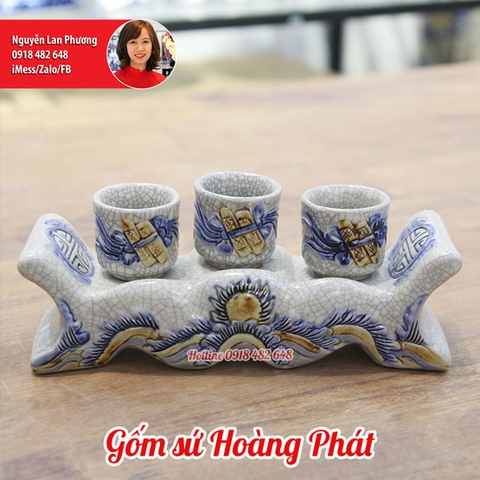 Bộ đồ thờ men rạn đắp nổi rồng - Kỷ 3 chén men rạn Bát Tràng