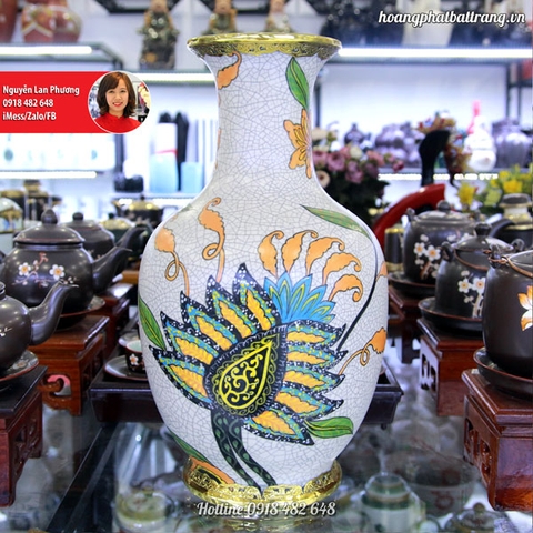 Lọ hoa men rạn hoa văn vintage bọc đồng SP685