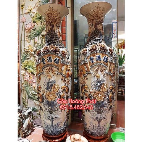 Lục bình sứ men rạn PHÚC LỘC THỌ chữ Hán đắp nổi kênh bong LBMR14