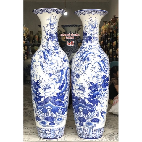Lục bình sứ hoa sen men lam hàng khử cao cấp 1m45