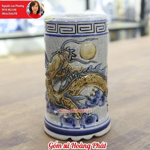 Bộ đồ thờ men rạn đắp nổi rồng - Ống hương men rạn Bát Tràng