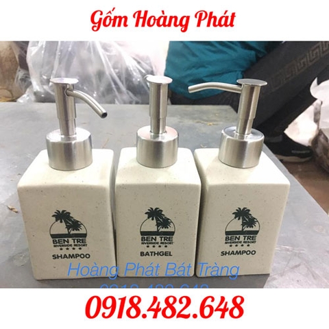 Bình xịt nhà tắm, chai đựng dầu gội, sữa tắm men gốm tàn vòi inox dáng chữ nhật in logo SP4844