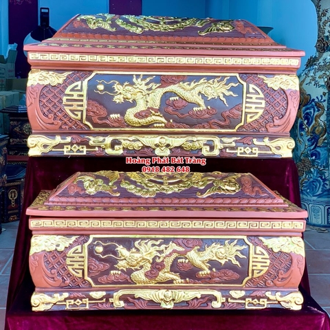 Quách tiểu sành rồng phình men nâu dát vàng mái Vòm cỡ Đại QTSA96