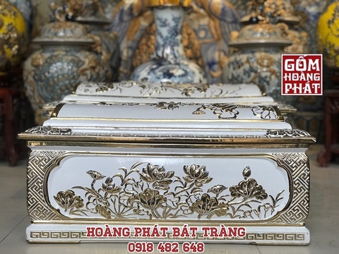 Quách tiểu sứ trắng họa tiết sen vàng kim cao cấp