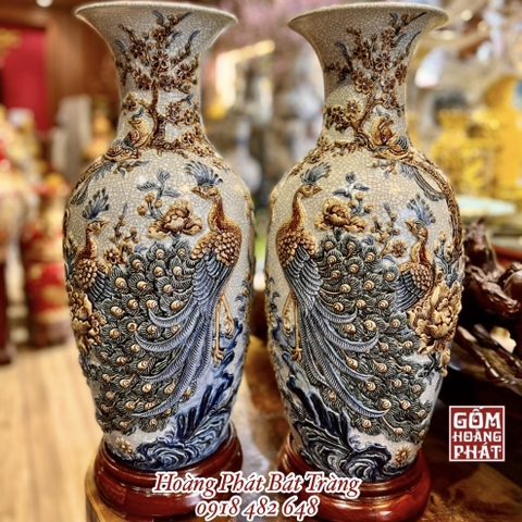 Tiểu lục bình sứ Công thành danh toại men rạn đắp nổi cao cấp 60cm TLB202