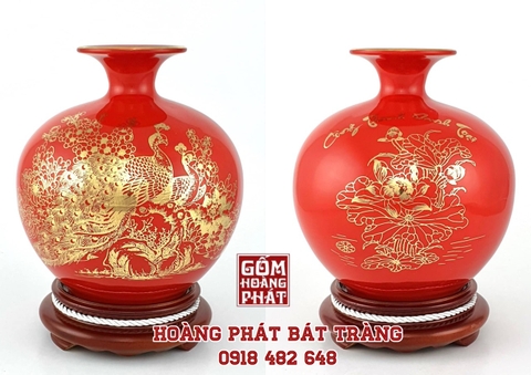 Bình hút tài lộc công đào phú quý màu đỏ vàng kim H20.5cm - ĐK 18cm BHL22