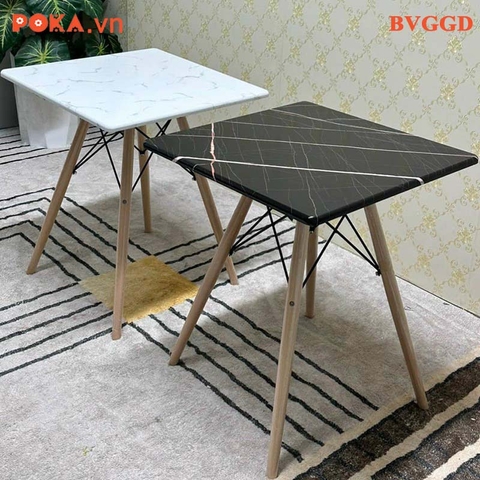 Bàn Eames vuông 70x70cm gỗ PVC vân giả đá chân gỗ đan BVGGD70