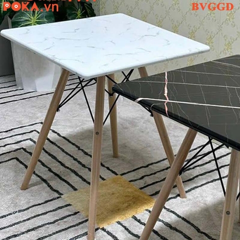 Bàn Eames vuông 60x60cm gỗ PVC vân giả đá chân gỗ đan BVGGD60