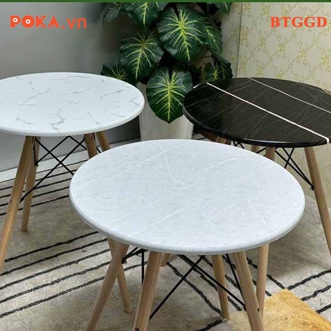 Bàn Eames tròn 70cm gỗ PVC vân giả đá chân gỗ đan BTGGD70