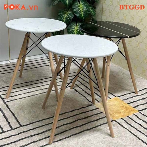 Bàn Eames tròn 70cm gỗ PVC vân giả đá chân gỗ đan BTGGD70