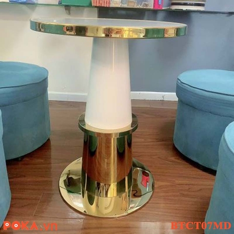 Bàn Cafe Cao Cấp trụ tròn mạ vàng mặt gỗ bọc viền vàng BTCT07MD