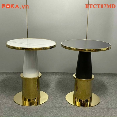 Bàn Cafe Cao Cấp trụ tròn mạ vàng mặt gỗ bọc viền vàng BTCT07MD