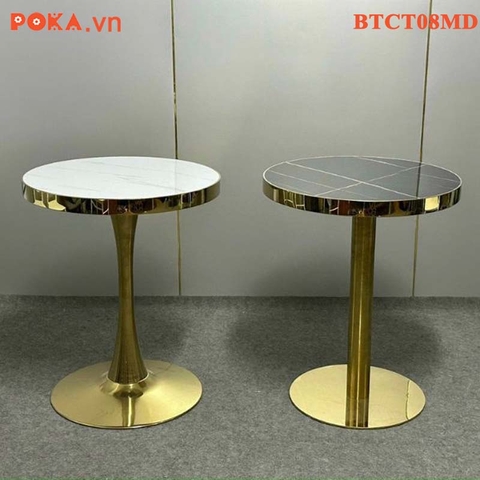 Bàn Cafe Cao Cấp trụ tròn mạ vàng mặt gỗ bọc viền vàng BTCT08MD