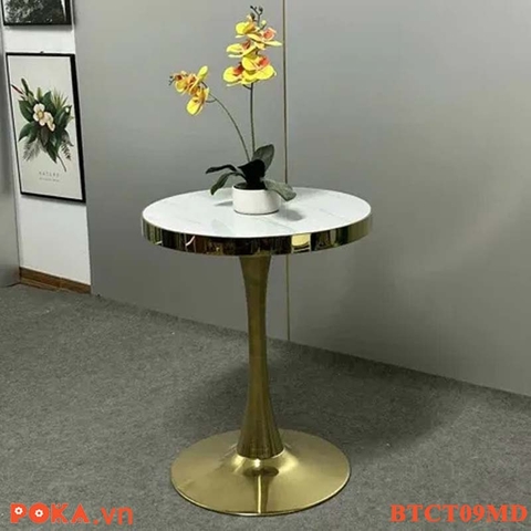 Bàn Cafe Cao Cấp trụ tròn mạ vàng mặt gỗ bọc viền vàng BTCT09MD
