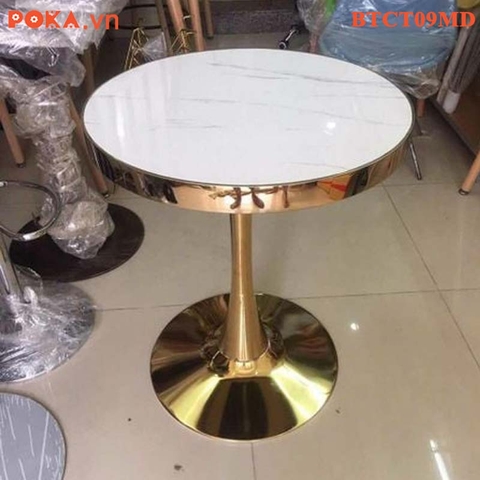 Bàn Cafe Cao Cấp trụ tròn mạ vàng mặt gỗ bọc viền vàng BTCT09MD