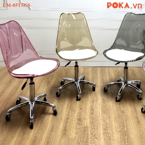 Ghế Eames trong suốt xoay mặt đệm đế sắt mạ crom 5 sao chân xoay bánh xe EM-05TSXBX