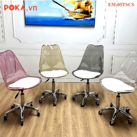 Ghế Eames trong suốt xoay mặt đệm đế sắt mạ crom 5 sao chân xoay bánh xe EM-05TSXBX