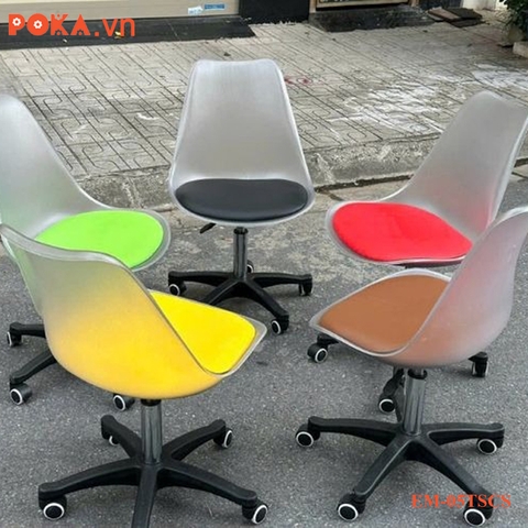 Ghế Eames trong suốt xoay mặt đệm đế Nhựa Đúc 5 sao chân xoay bánh xe EM-05TSCS
