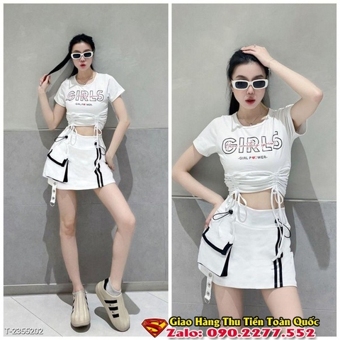 Bộ Áo croptop cộc tay rút dây chữ GIRLS phối váy 2 sọc túi hộp mix dây đính vòng