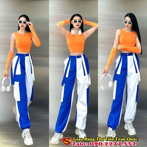 Bộ Áo croptop cut-out dài tay khoét nách nối dây kiểu mới phối Quần chất kaki