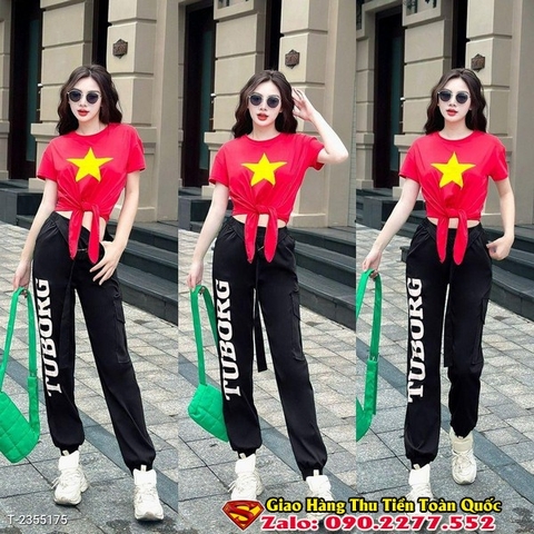 Bộ Croptop cờ đỏ cộc tay vạt buộc và Quần jogger TUBORG