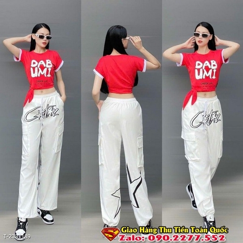 Bộ tập áo croptop DAB UMI vạt buộc, quần bom phong cách Hip Hop họa tiết ngôi sao