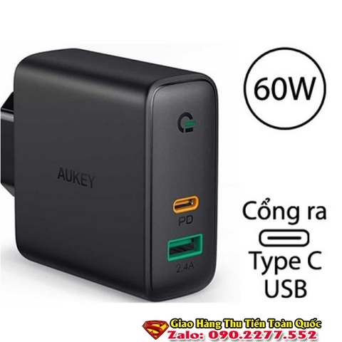 Củ Sạc Nhanh 60W Aukey PA-D3 , 2 cổng USB 12W + Type C 60W sạc tốt iPhone 15 / Macbook