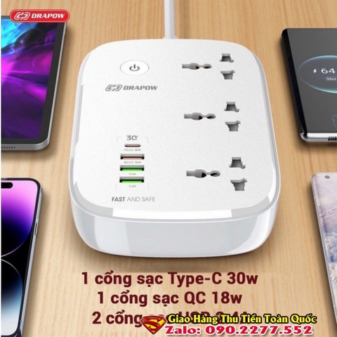 Ổ cắm điện Wifi thông minh kết nối App Drapow SK25 3 ổ cắm điện 2500W+1 cổng sạc 30W