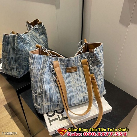 Túi Đeo Vai Phối 2 Quai Chất Denim Khóa Kéo Size Lớn Wh473