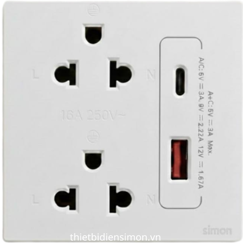 Bộ ổ cắm đôi chuẩn Âu-Mỹ 16A + cổng sạc USB Type A, C (20W), (white) 58E7251