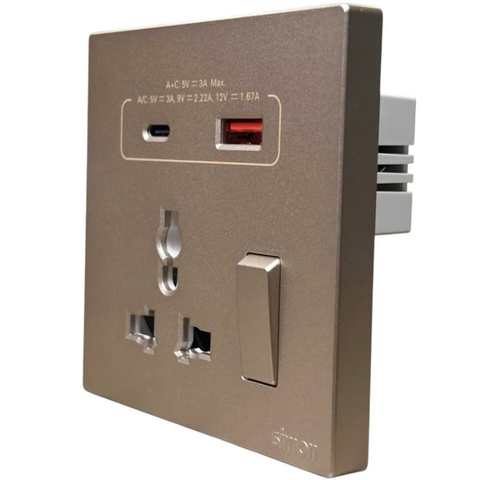 Ổ cắm đa năng+cộng sạc USB Type A, C 20W Simon S6 58E7253-46 màu champagne