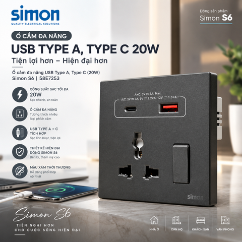 Ổ cắm đa năng+cộng sạc USB Type A, C 20W Simon S6 58E7253-61 màu xám