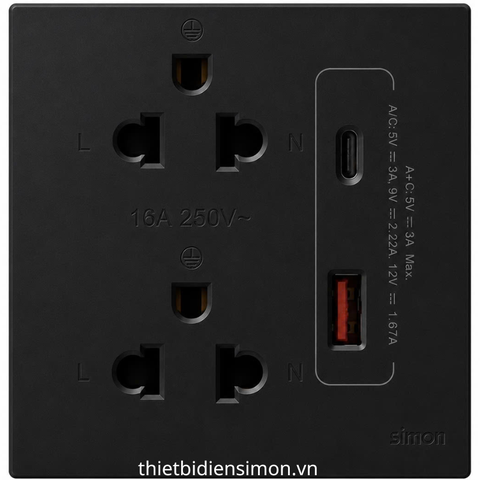 Bộ ổ cắm đôi chuẩn Âu-Mỹ 16A + cổng sạc USB Type A, C (20W), (black) 58E7251-26
