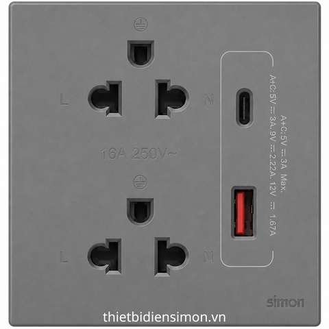 Bộ ổ cắm đôi chuẩn Âu-Mỹ 16A + cổng sạc USB Type A, C (20W), (Grey) 58E7251-61