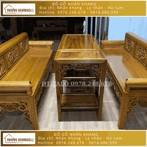 Bộ Trường Kỷ Gỗ Gụ Lào 9 Chỉ 197 Đục sen cò