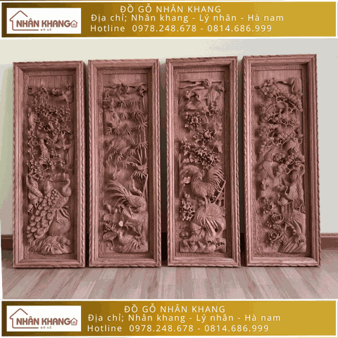 Tranh Tứ Quý Tùng Cúc Trúc Mai Gỗ Hương