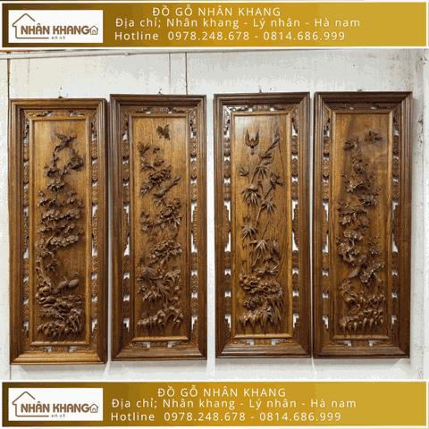 Tranh Tứ Quý Tùng Cúc Trúc Mai Gỗ Gụ