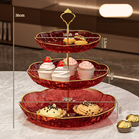 GOLDRED Khay đĩa 3 tầng màu đỏ viền vàng 5965D