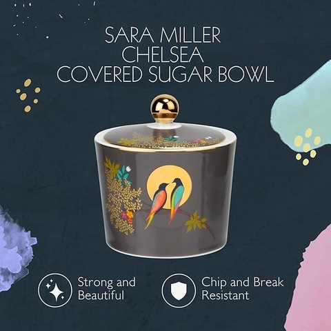 PM Sara Miller Chelsea Hũ mứt màu xám đen 324ml mạ vàng 22ct thương hiệu Portmerion Anh Quốc SMC78967-XG
