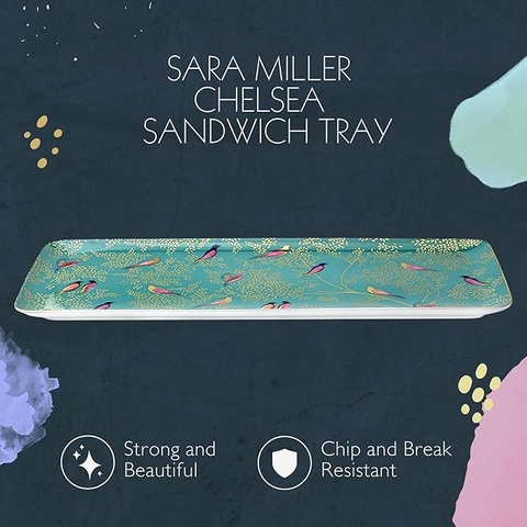 PM Sara Miller Chelsea Khay bánh chữ nhật màu xanh 15.2*35.5cm mạ vàng 22ct thương hiệu Portmerion Anh Quốc SMCG78970-XG