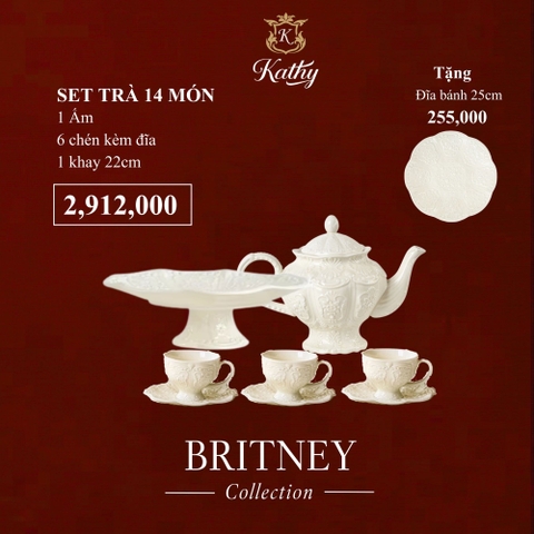 [SET QUÀ TẾT] BRITNEY Bộ Ấm Trà, Đĩa Lót 14 Món Hoa Văn Đúc Nổi - Hàng Chính Hãng Thiết Kế Từ Anh Quốc